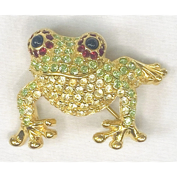 Vintage Monet Big Eyed Frog Brooch Gold Tone Red Green Rhinestone Pin Brooch - Picture 1 of 5